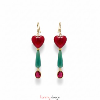 Red heart-shaped glass earrings with the glass teardrop and red crystal